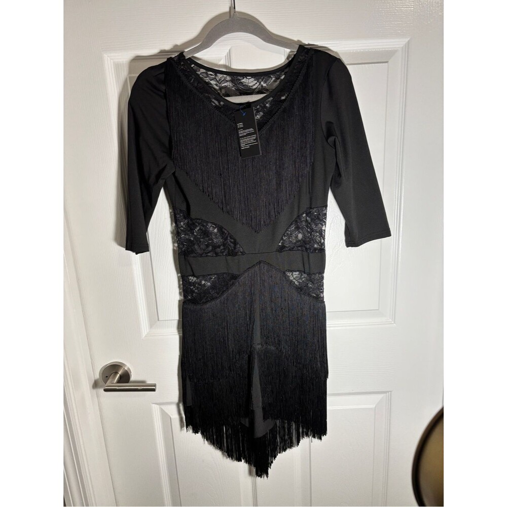 Z&X Women’s L Black Fringe Flapper Dress 1920s Gatsby Charleston Latin Dance NWT